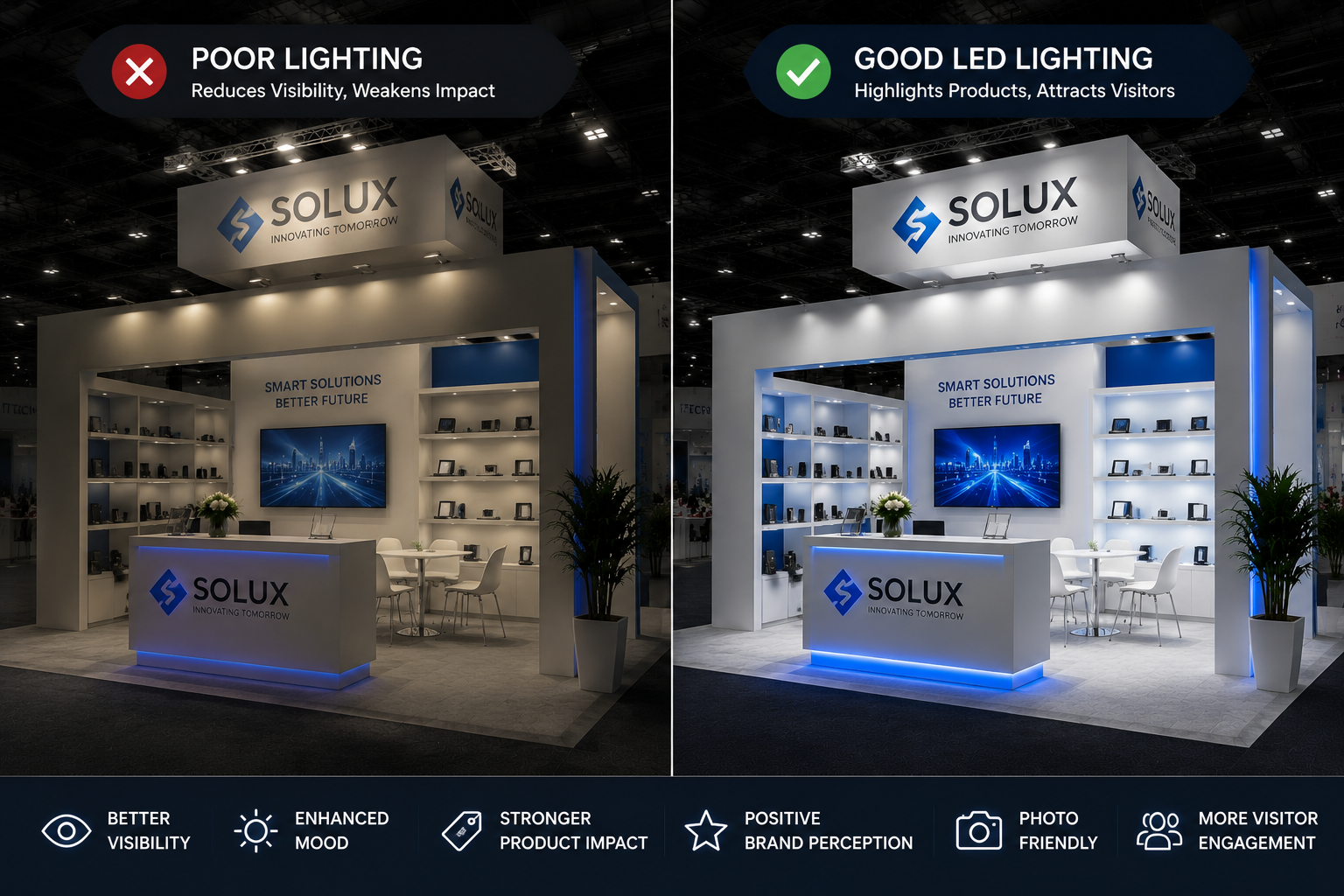 LED lighting for trade show booths improving attendee attention and product visibility